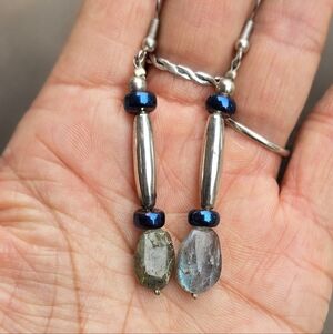 Handmade chunky labradorite nugget rainbow sheen blue rondelle bead silver earri